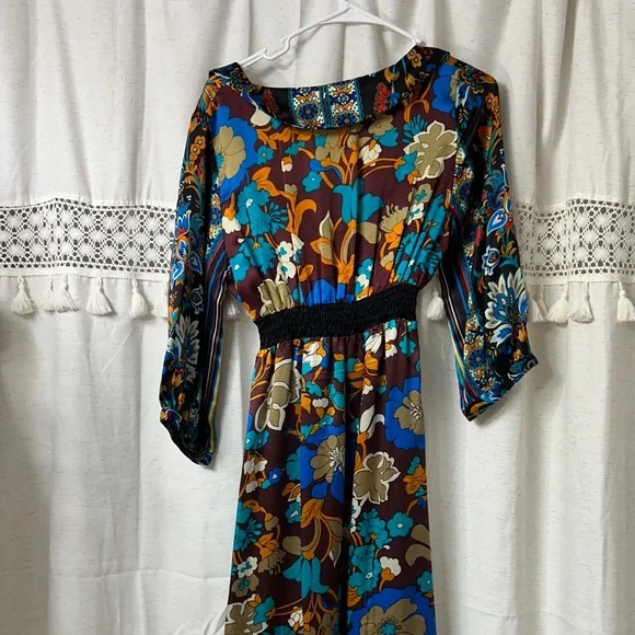 VAnita Teal, Brown & Blue Floral Boho Maxi Dress 100 % silk - Picture 8 of 9